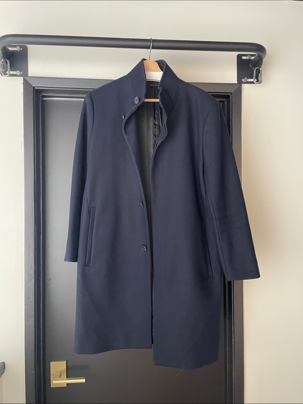 Theory Belvin Navy Stand-Collar Wool Trench Coat